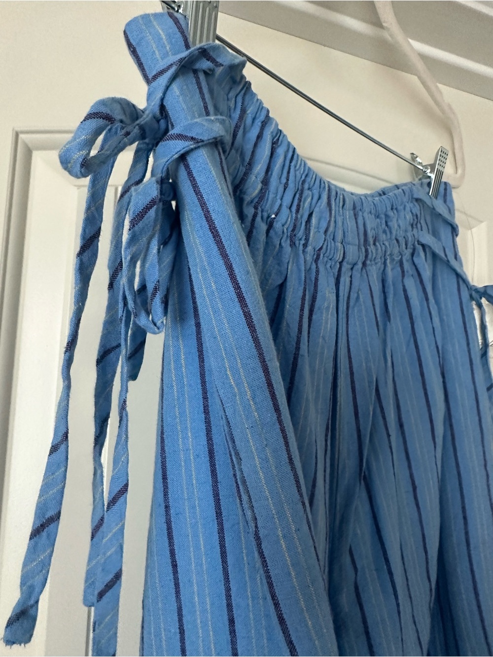 NWT free people Sun Dazed Cotton Linen Striped Pants M Cobalt Waist Ties - Picture 2 of 8